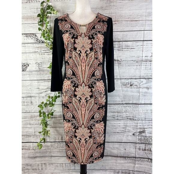 JM Collection DRess size Medium black Brown Paisley Straight Sheath Stretch Knee - Picture 2 of 16